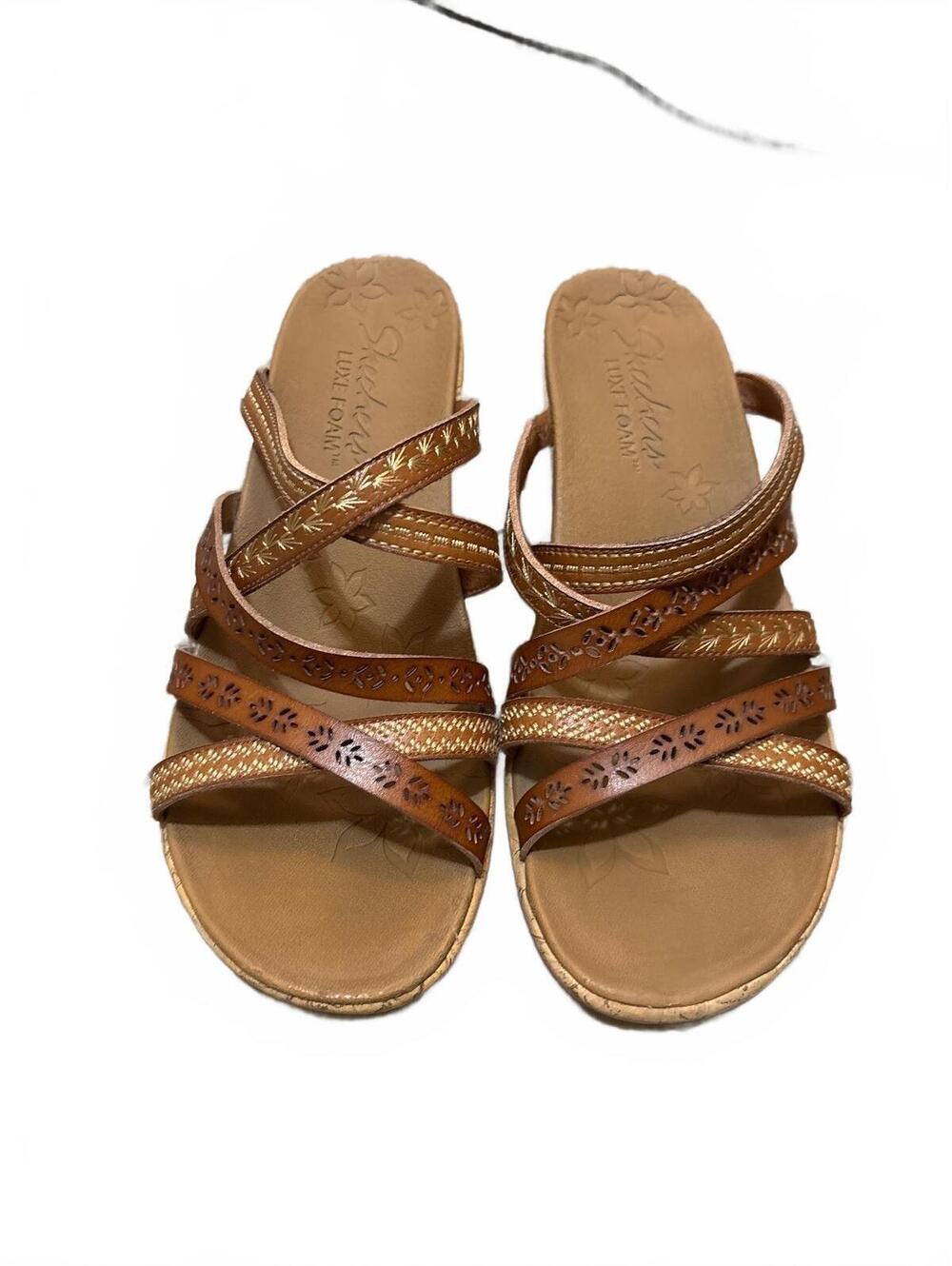 Skechers Cali Beverlee Tiger Posse Wedge Sandals Luxe Foam Strappy Brown US 8